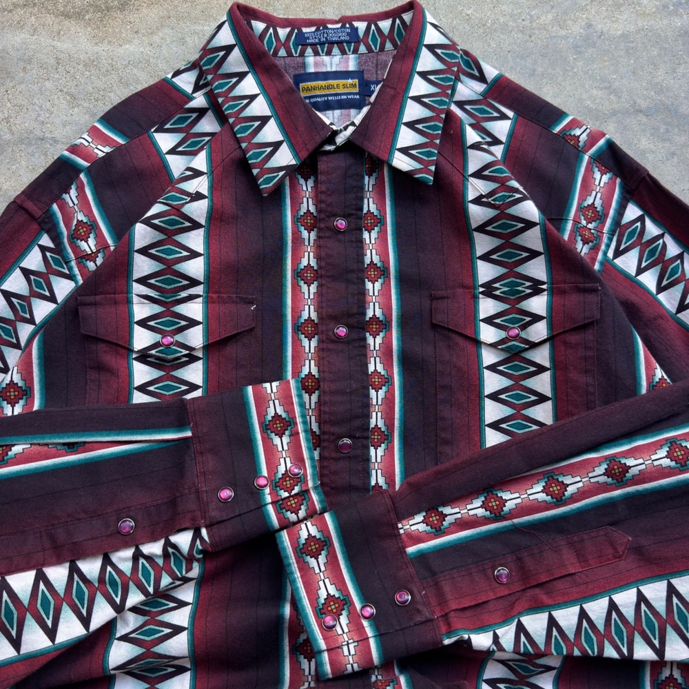 Vintage 90s Panhandle Slim Pearl Snap Western Aztec Shirt Burgundy XL (h3)